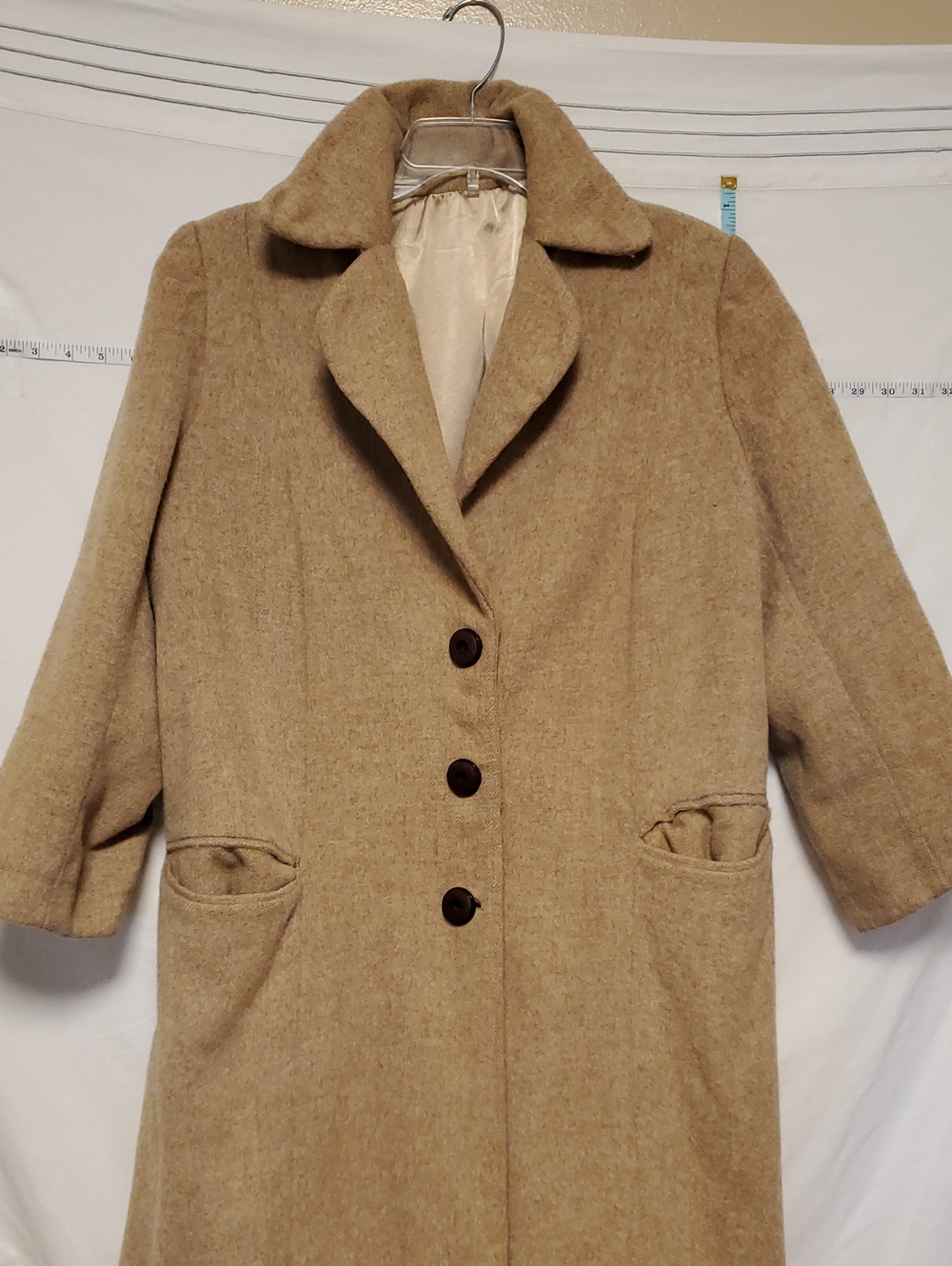 Classic Vintage 60s Women's Tan Wool Blend Car Coat Single-Breasted Style XL